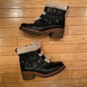 Coach Shearling Trimmed Black Leather Moto Boots